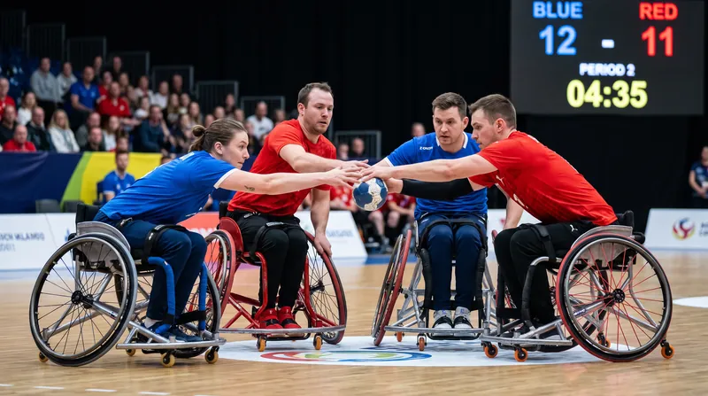The 4-a-side wheelchair handball format demands intense physical endurance and elite tactical spacing.