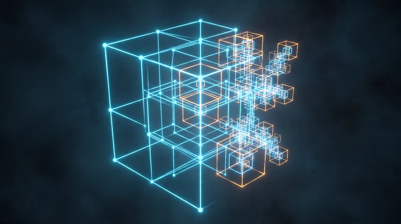 A glowing 3D wireframe cube splitting into eight smaller cubes, representing an octree data structure.