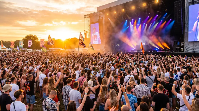 A large crowd of people attending an outdoor music festival at sunset, with stage lights illuminating the audience.
