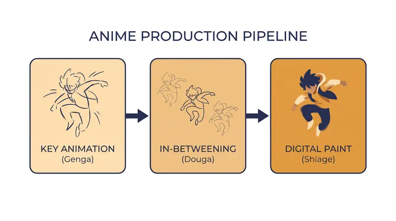The core three-stage pipeline that powers modern anime production.