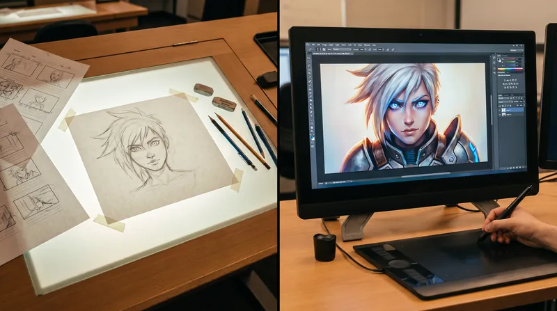 A split view showing a pencil sketch of an anime character next to the final digital version.