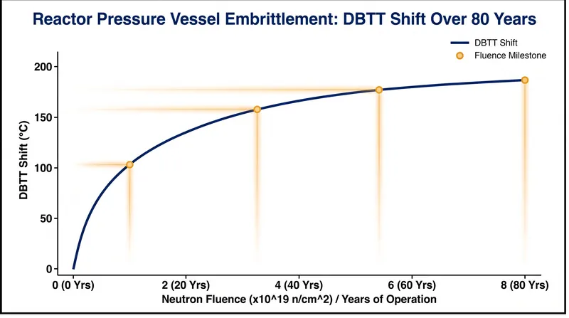 As neutron fluence accumulates over decades, the steel's transition temperature shifts upward, making the vessel more susceptible to brittle fracture at lower temperatures.
