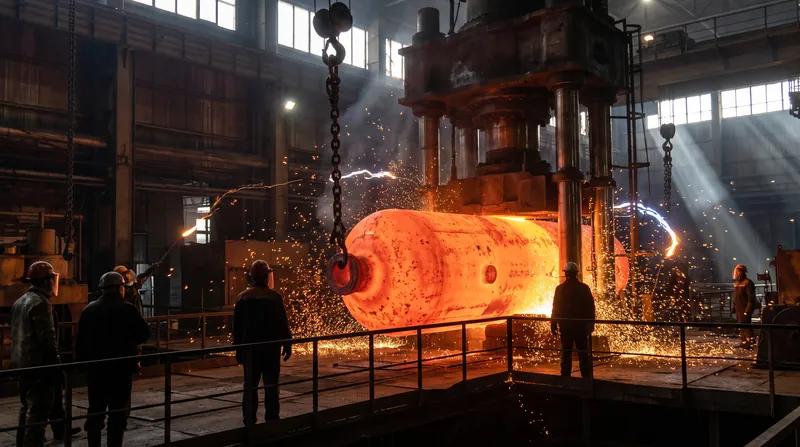 A massive glowing steel cylinder being shaped in a heavy industrial forging facility with sparks flying.