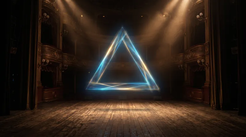 A glowing geometric triangle representing Freytag's Pyramid superimposed over the wooden floorboards of an empty 19th-century theater stage.