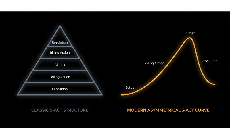 Modern commercial structures often push the climax later in the narrative than Freytag's symmetrical model.