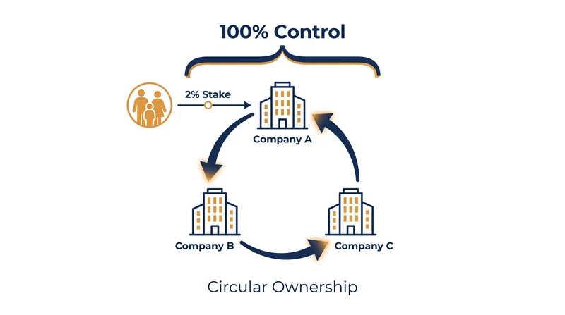 Circular ownership allows founding families to control a vast network of affiliates with minimal direct capital investment.