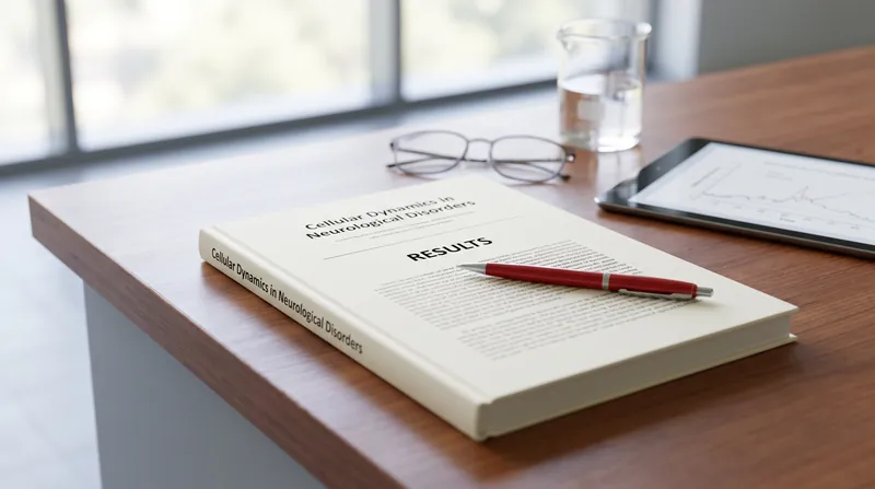 A printed scientific manuscript rests on a laboratory desk, with a red pen highlighting the Results section.