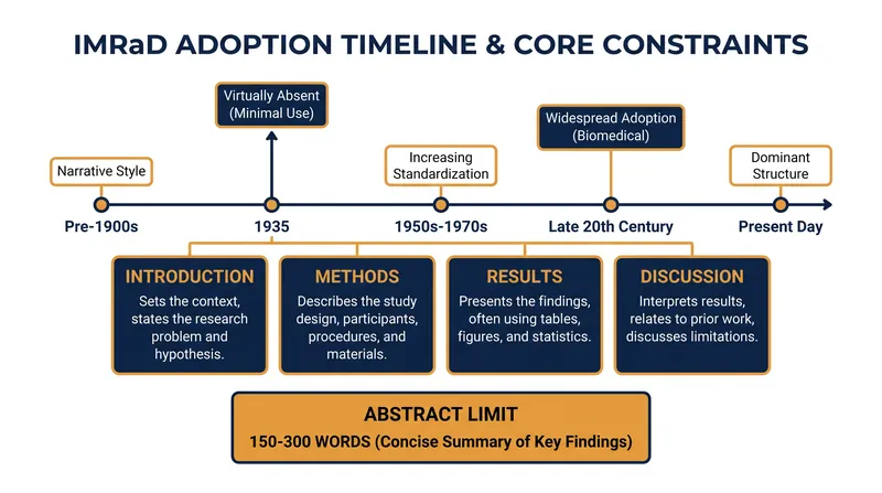 The adoption of the IMRaD structure accelerated in the mid-20th century to manage the growing volume of scientific literature.