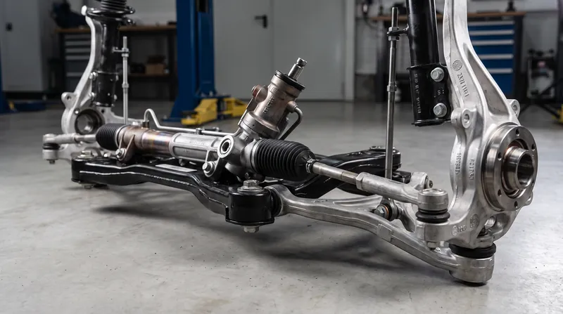 A close-up view of a car's front suspension and steering rack, highlighting the metal tie rods and steering knuckles.