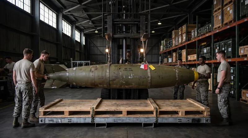 A large olive-green MK-84 2,000-pound bomb resting on a transport pallet inside a military facility.