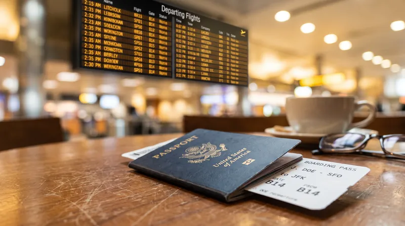 A U.S. passport and a boarding pass resting on a table in an airport departure lounge.