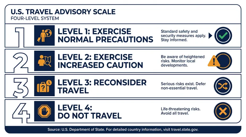 The four-tier scale dictates how the U.S. government communicates baseline travel risks.