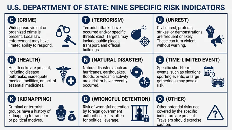 The nine risk indicators provide the specific mechanism behind a country's overall advisory level.
