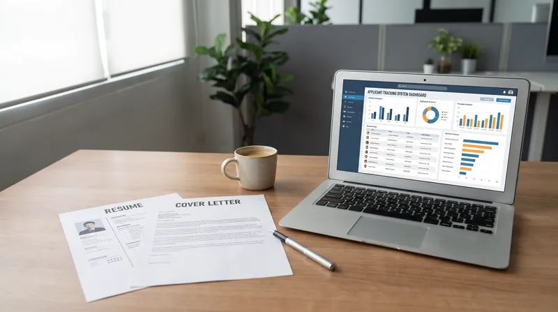 A top-down view of a hiring manager's desk with a printed resume and a laptop.