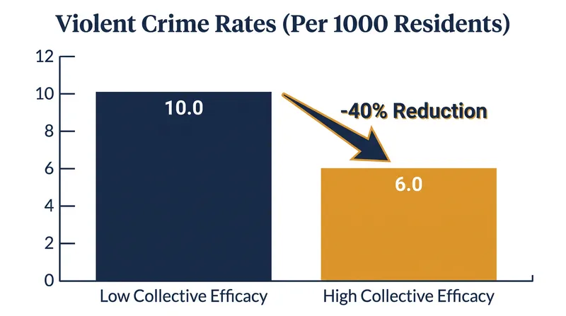 High collective efficacy correlates with a 40 percent reduction in violent crime.