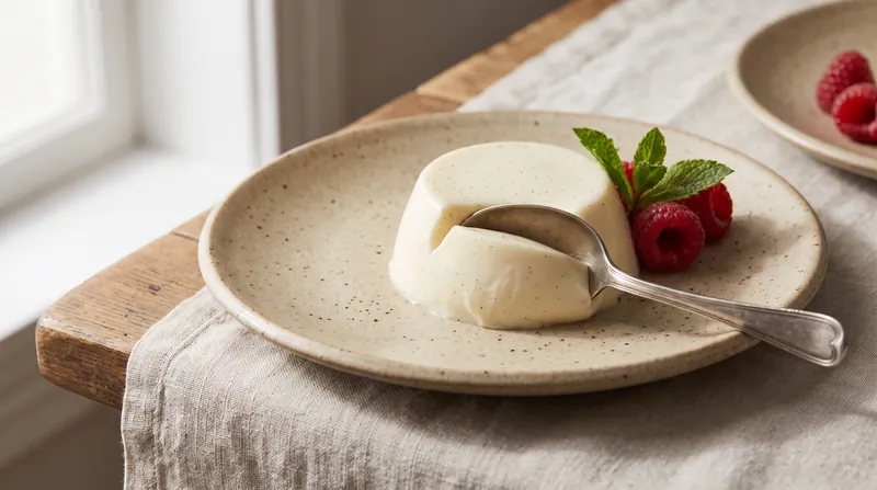 A close-up of a smooth, white panna cotta dessert on a ceramic plate being gently pressed by a silver spoon.