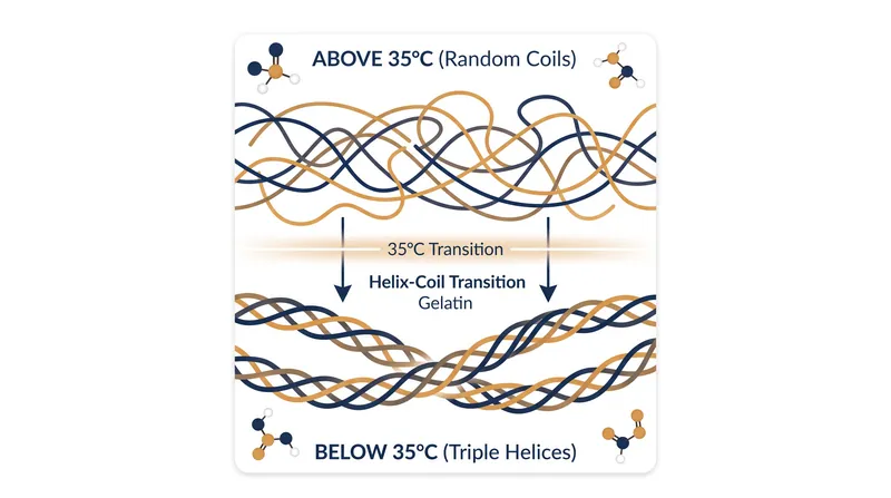 As temperatures drop below 35°C, random protein coils bond together to form the rigid triple helices that trap water.