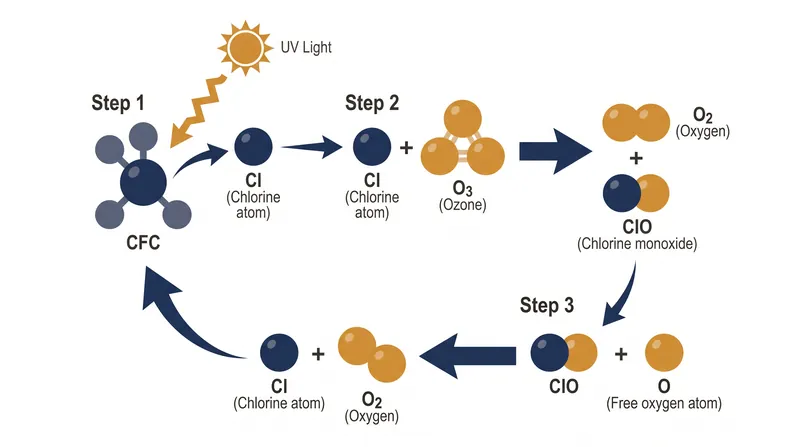 The catalytic cycle allows a single chlorine atom to repeatedly destroy ozone molecules without being consumed.