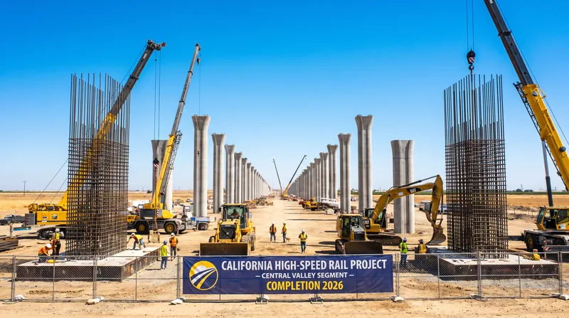 Heavy machinery and concrete pillars at a California High-Speed Rail construction site in the Central Valley.