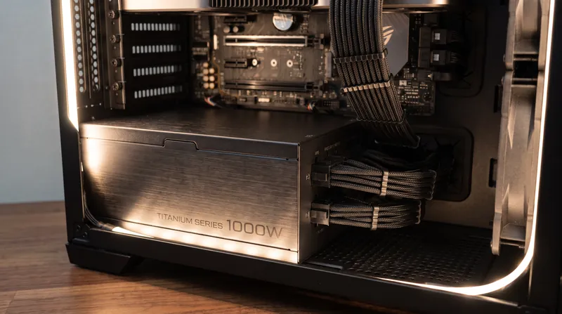A high-end modular computer power supply unit installed inside a desktop PC case with cables attached.