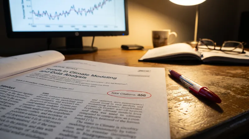 A close-up view of a printed academic paper on a desk, with a red pen circling a citation count.