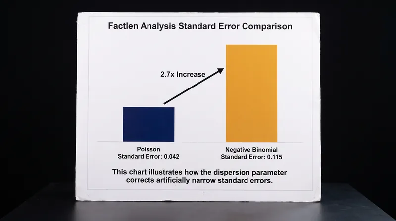 Applying a negative binomial model to overdispersed data corrects artificially compressed standard errors, widening them by a factor of 2.7 in this simulated cohort.