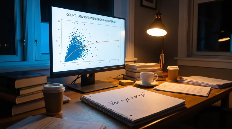 A photograph of a computer monitor displaying a scatter plot of count data and the mathematical equation for variance.