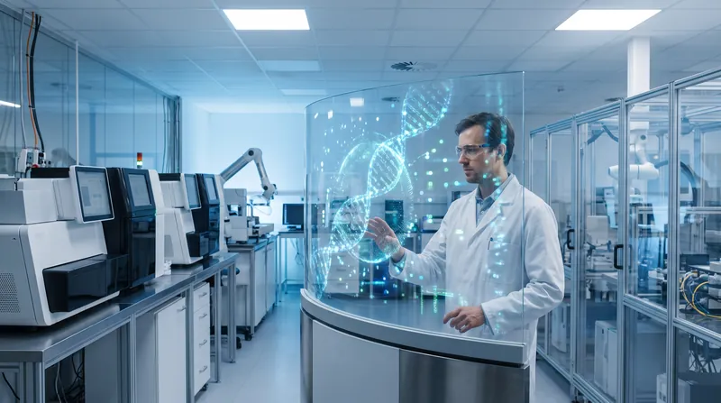 A researcher in a white coat examining a glowing digital map of DNA on a transparent screen.