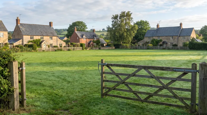 A lush green community field surrounded by residential houses under morning sunlight, with a small wooden gate in the foreground.