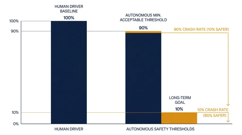 The 10-90 percent rule establishes the minimum and maximum safety targets for autonomous deployment compared to human drivers.