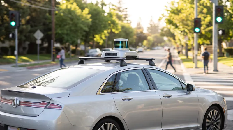 A white autonomous vehicle with roof-mounted lidar sensors driving through a bright suburban intersection.