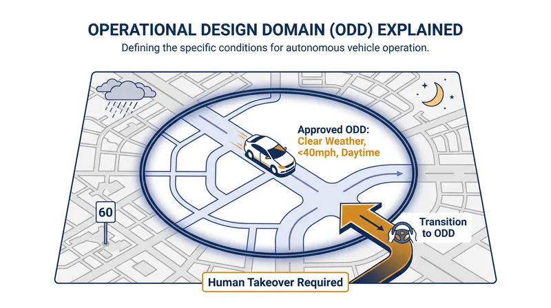 An Operational Design Domain restricts a vehicle to conditions it has been statistically proven to handle safely.