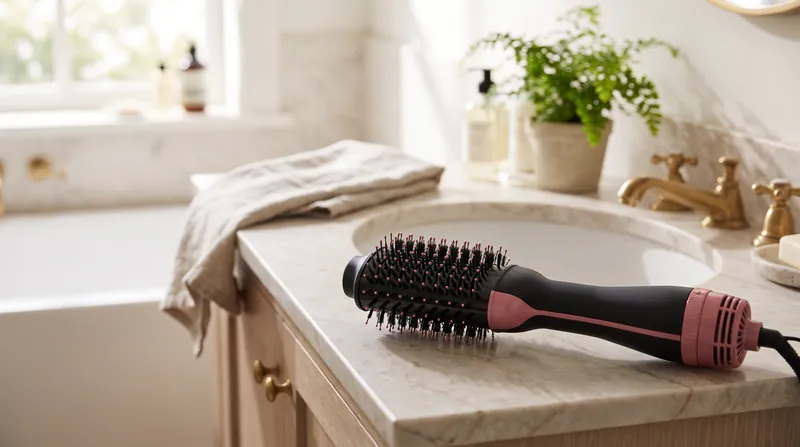 A black and pink paddle-style hot air hair dryer brush resting on a bathroom vanity.