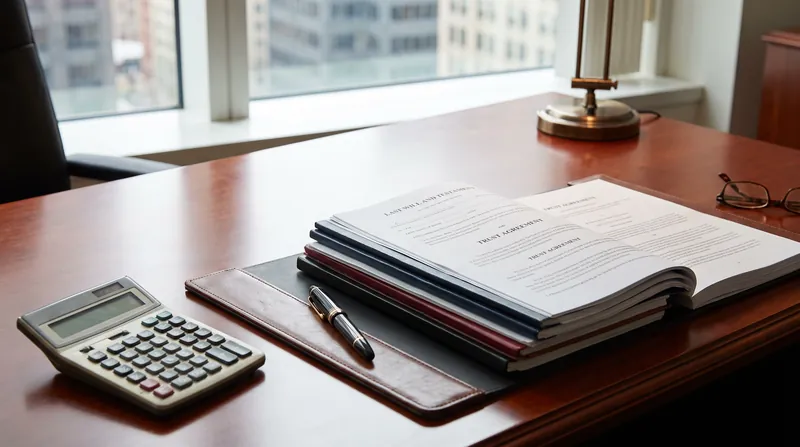 A mahogany desk with estate planning legal documents, a fountain pen, and a calculator.