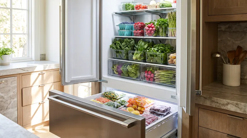 An open modern refrigerator showing brightly lit fresh produce in the upper compartment and frozen goods below.
