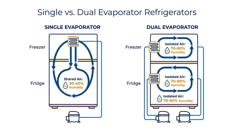 How cooling architecture dictates the humidity levels in the fresh food compartment.