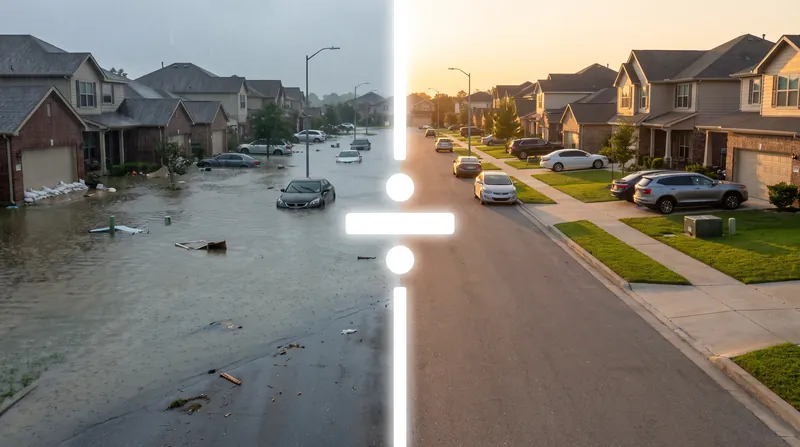 A conceptual split-screen showing a flooded street next to a dry street, divided by a mathematical line.