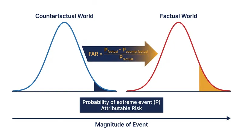 FAR is calculated by comparing the probability of an event in the current climate (P1) against a pre-industrial simulation (P0).