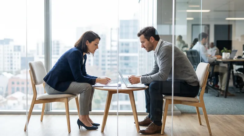 A manager and an employee sitting across from each other in a modern office, engaged in a respectful conversation.