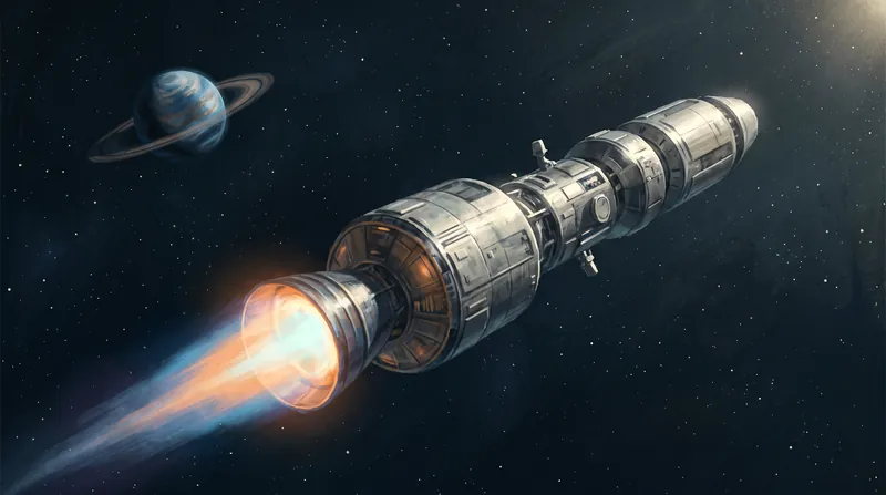 A spacecraft firing its engine against the backdrop of a distant planet, illustrating an orbital maneuver.