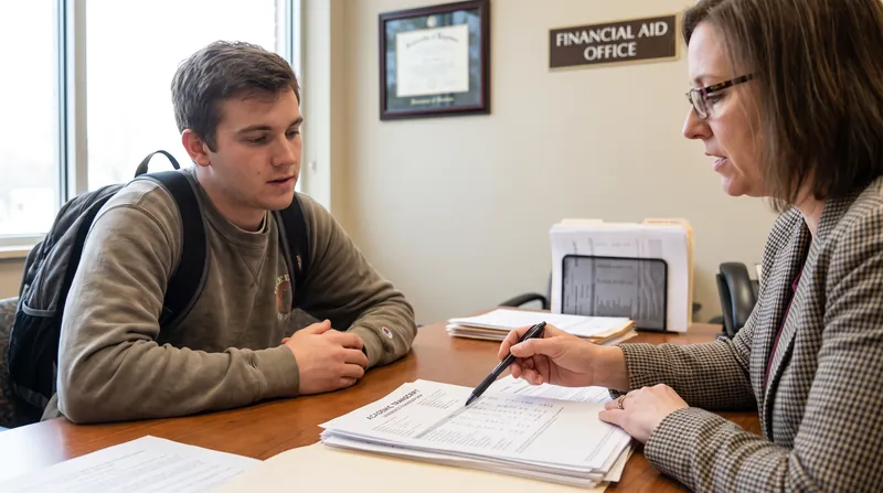 A college student and a financial aid advisor reviewing an academic transcript together at a desk.