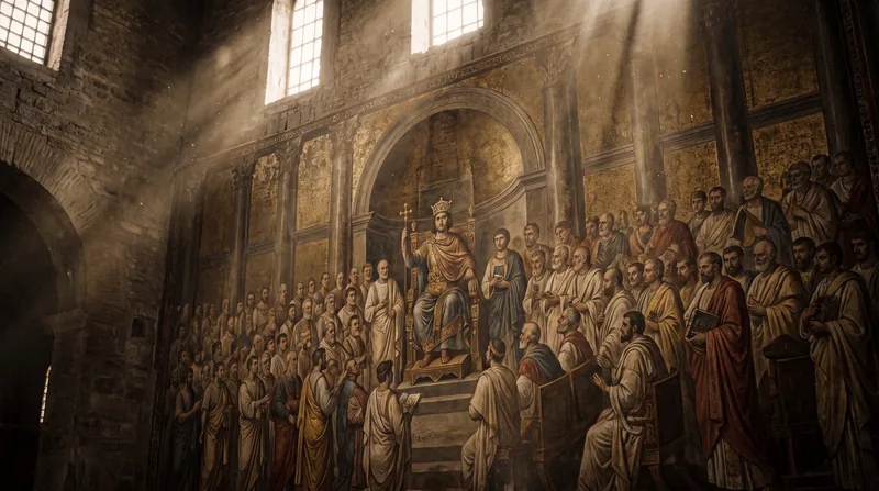 A dramatic fresco depicting hundreds of ancient bishops gathered around Emperor Constantine at the Council of Nicaea.