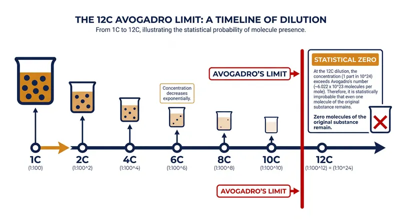 At a 12C dilution, the dilution factor exceeds the number of molecules in a mole of the starting substance.