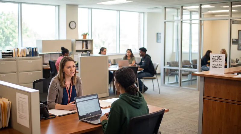 Students and advisors sitting at desks in a brightly lit university financial aid office.