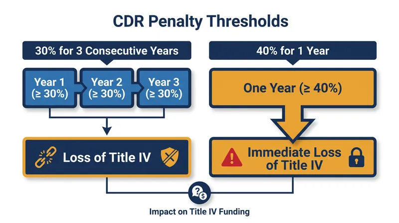 Exceeding the statutory default thresholds results in the loss of federal financial aid eligibility.