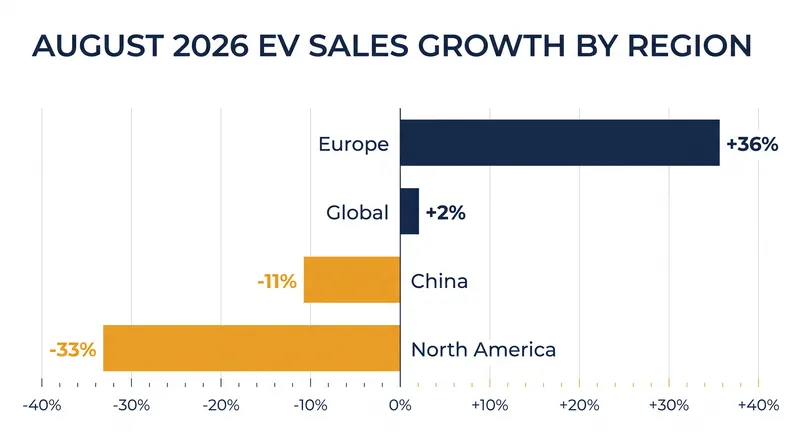 Regional divergence in global EV sales for August 2026.