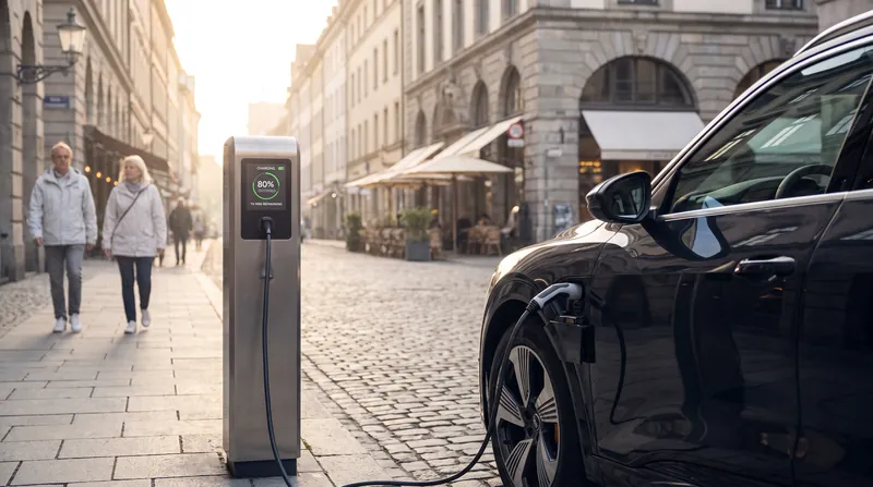 A modern electric vehicle plugged into a public charging station on a city street.