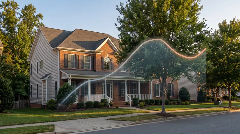 A classic American suburban home overlaid with a financial line chart showing a yield curve.