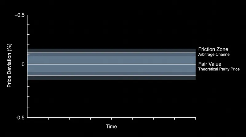 Real-world transaction costs create an arbitrage channel, allowing minor price deviations to persist without triggering algorithmic correction.