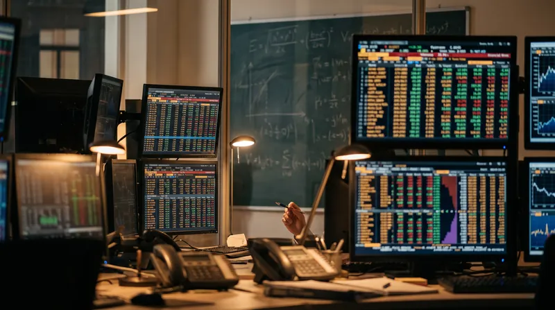 Multiple computer monitors displaying complex financial charts, options chains, and algorithmic trading data in a modern quantitative finance office.